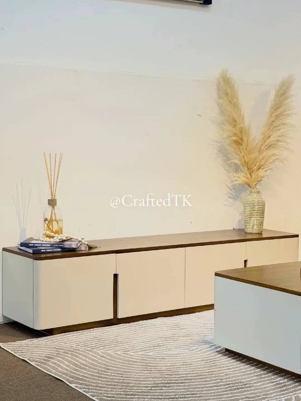 Cream and walnut TV console with matching coffee table