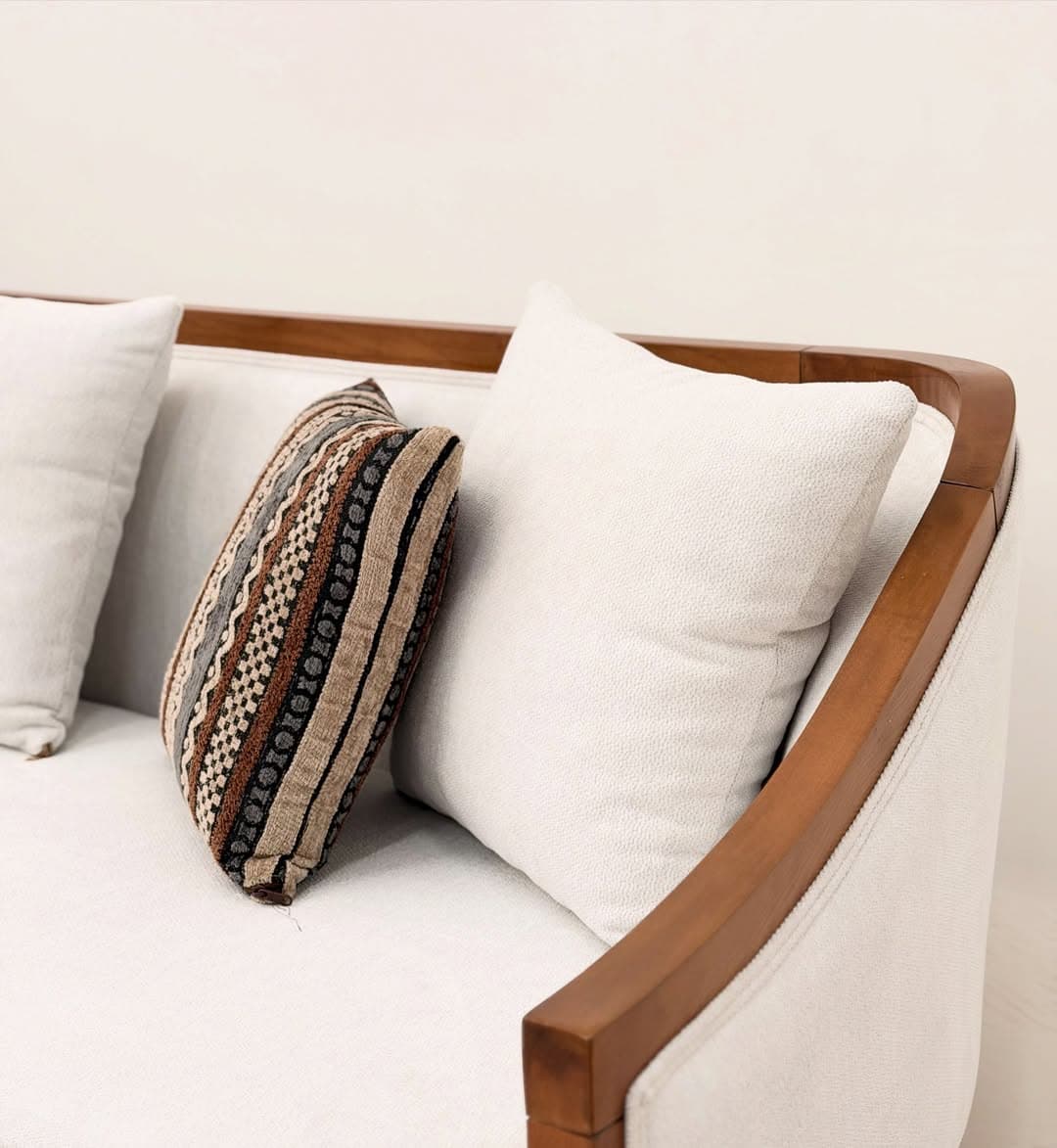 The Aspen Mid-Century 5-Seater Sofa Set - Solid Wood Frame + Off-White Linen - 3 Seater + 2 Single Chairs
