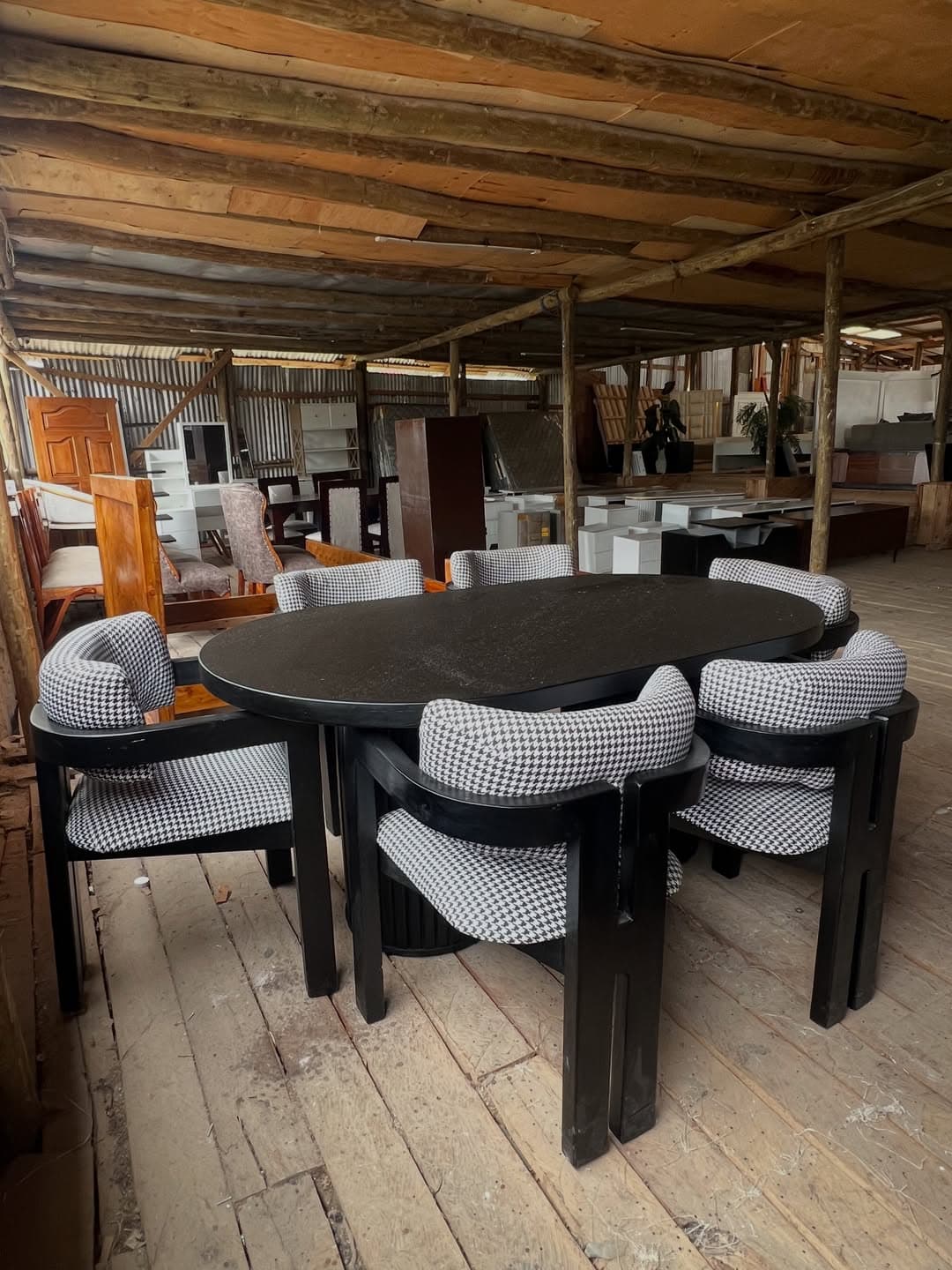 Black Oval 6-Seater Dining Table Set with Houndstooth Barrel Chairs - Modern Curved Dining Set