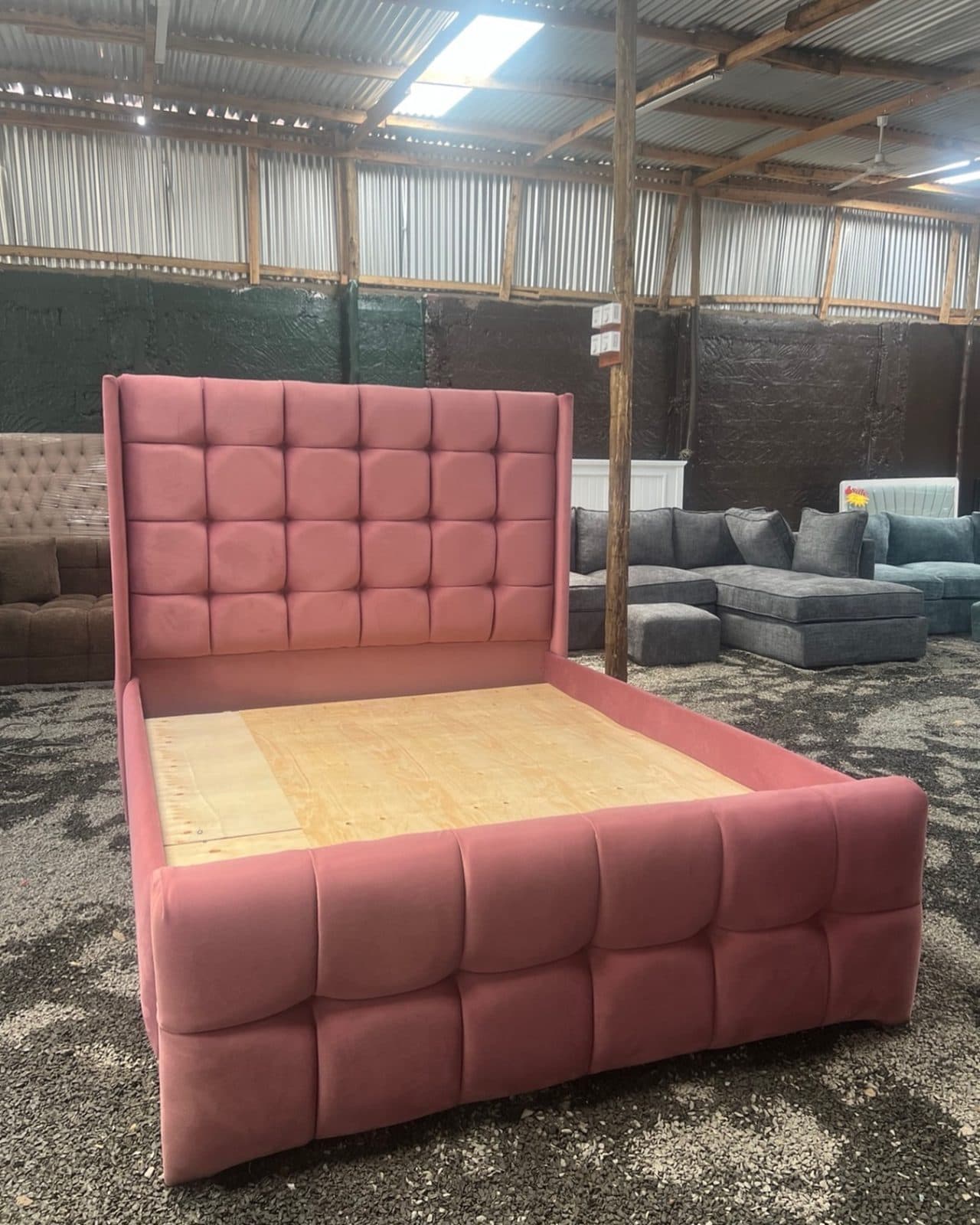 Blush Pink 5x6 Chester Block Bed - Full Upholstered Wingback Bed Frame with High Headboard - Velvet