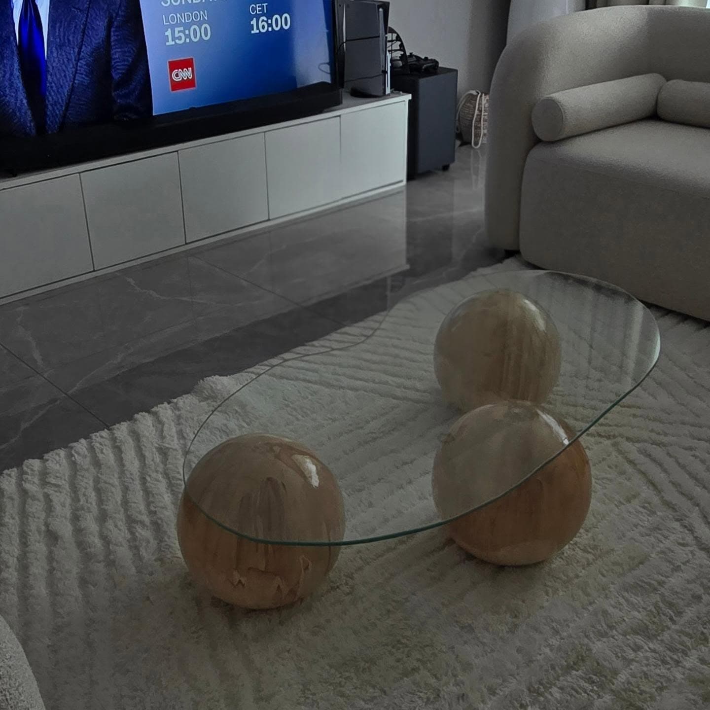 The Orb Tri-Ball Coffee Table - Glass Top with Solid Wood Ball Legs - Organic Triangle Shape