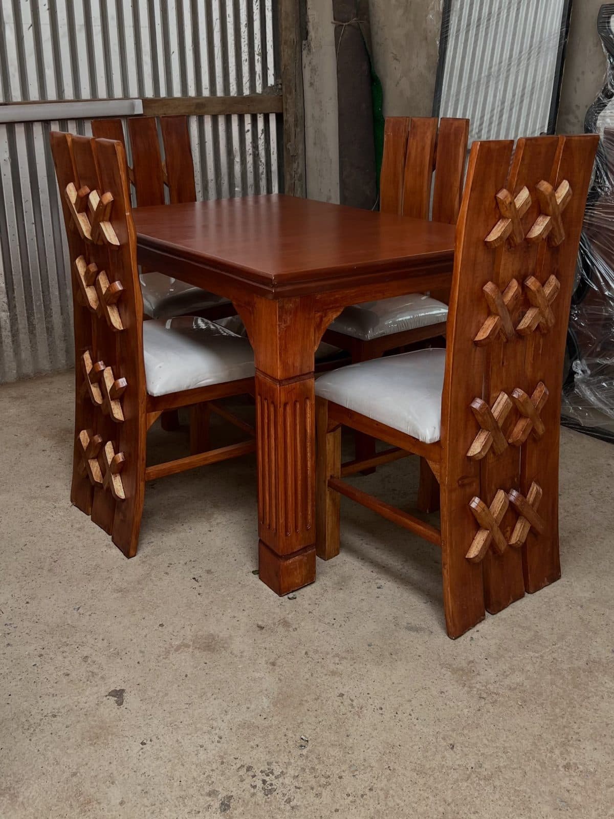 4-Seater Solid Hardwood Dining Table Set - Mahogany Wood with Cross X Back Design - Square Table with Padded Seats