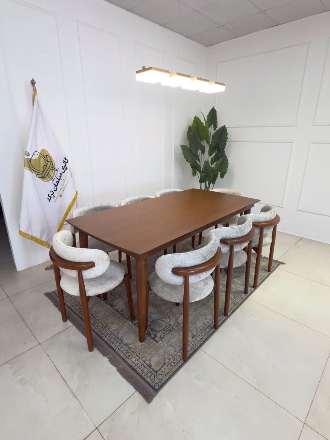 Modern Japandi 8-Seater Dining Table Set - Solid Wood with Curved Bouclé Chairs
