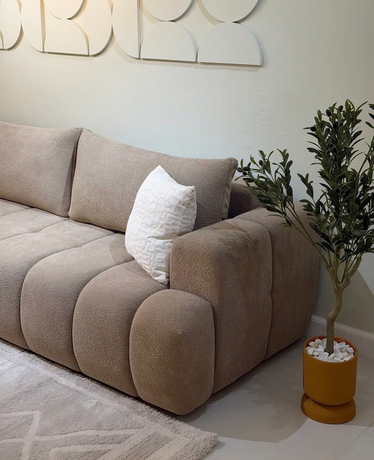 The Marshmallow L-Sectional Sofa - Ribbed Channel Tufted - Taupe / Mocha Boucle - 6 Seater with Chaise