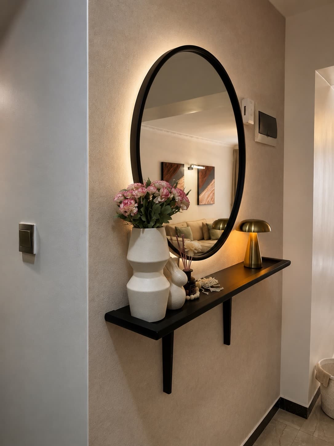 Modern Oval LED Entryway Mirror with Floating Console Shelf - Black Frame