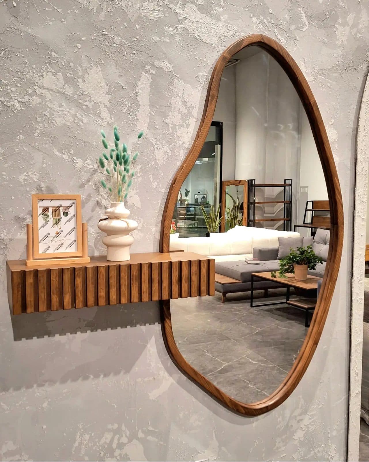 The Pebble Organic Mirror with Floating Fluted Console Table - Walnut