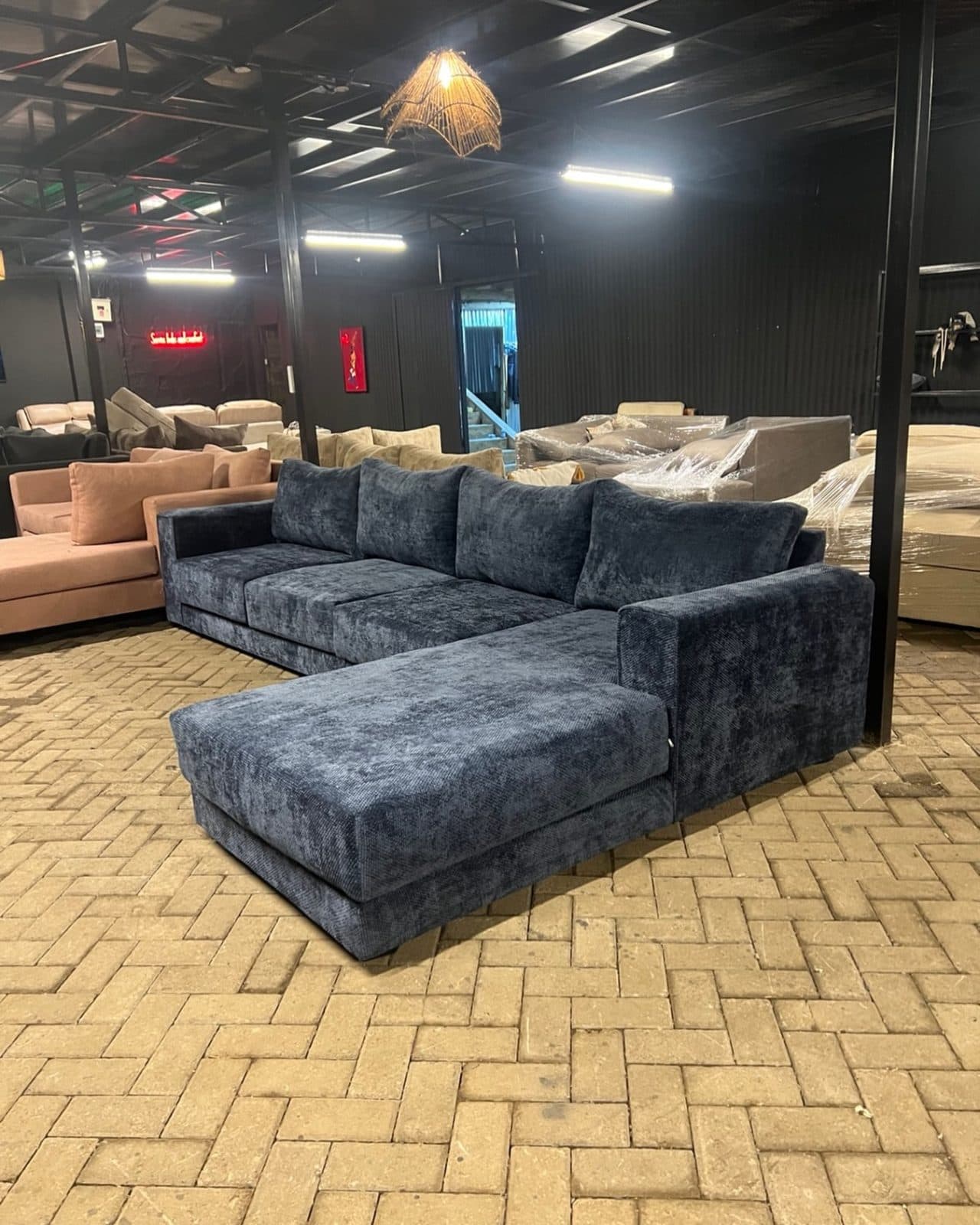 Midnight Blue L-Shaped Sectional Sofa with Chaise Lounge - 6-Seater Deep Chenille Fabric - Modern Family Sofa